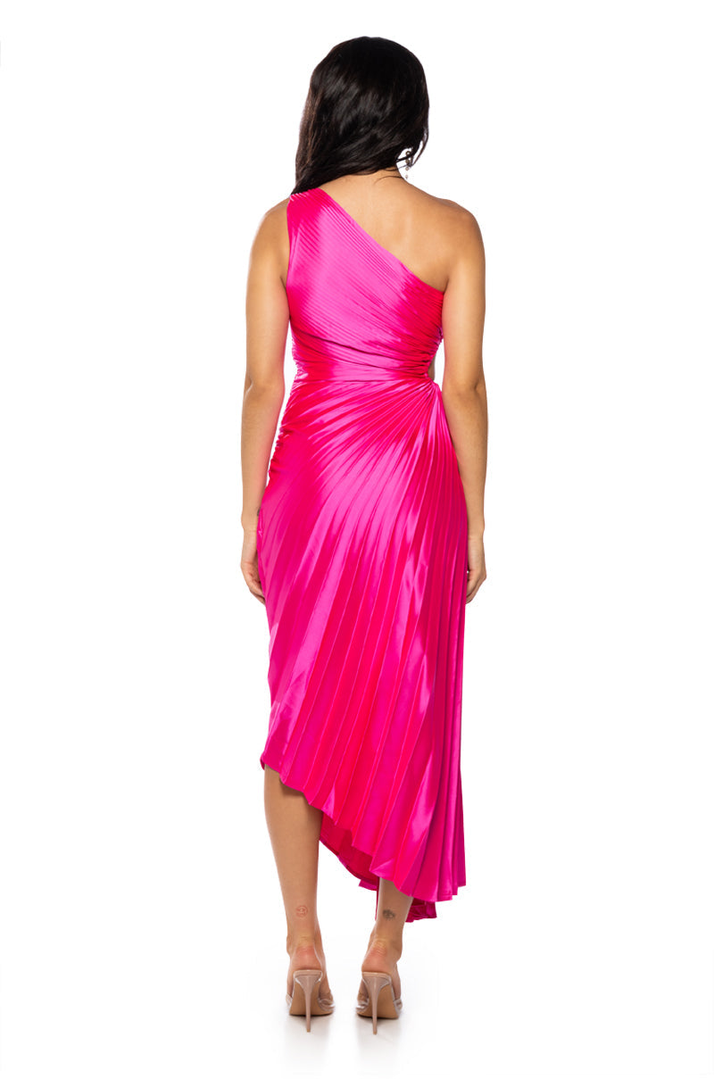 PLEATED ONE SHOULDER MIDI DRESS