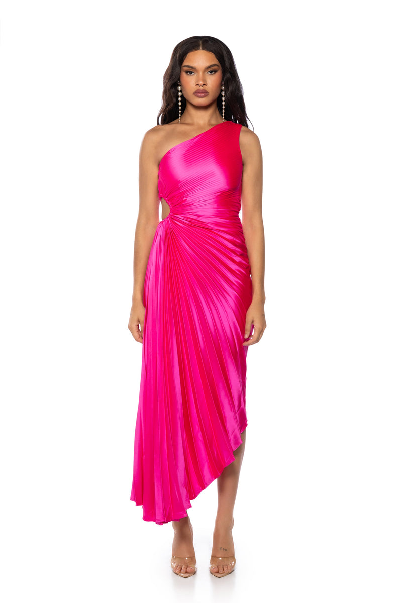 PLEATED ONE SHOULDER MIDI DRESS