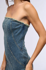 MY OWN MUSE HIGH LOW RHINESTONE DENIM MIDI DRESS