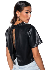 MY TYPE OPEN BACK FAUX LEATHER SHIRT