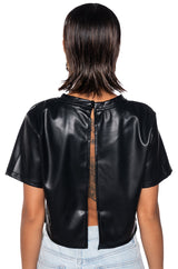 MY TYPE OPEN BACK FAUX LEATHER SHIRT