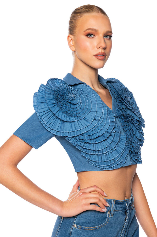 MYRA TEXTURED COLLARED DENIM TOP