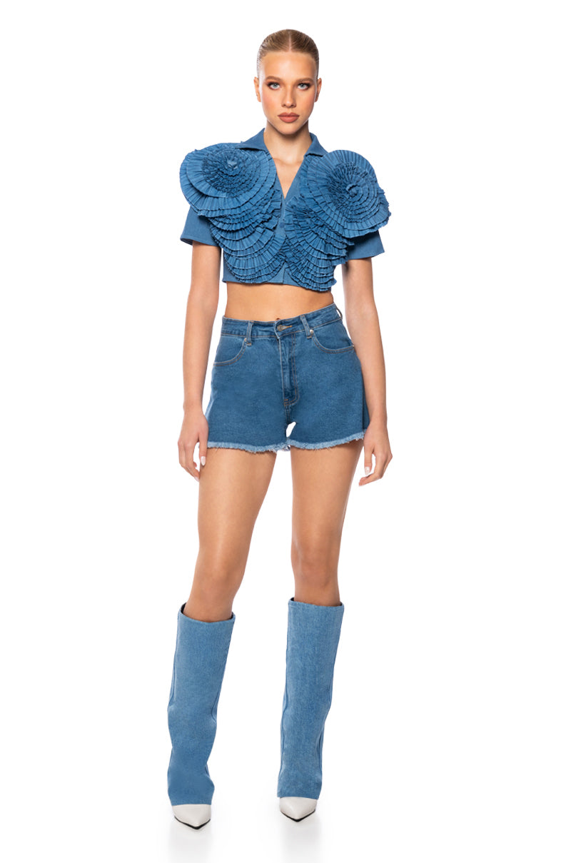 MYRA TEXTURED COLLARED DENIM TOP