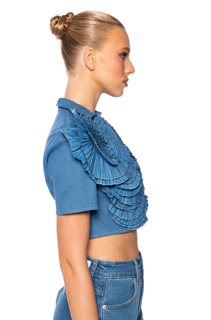 MYRA TEXTURED COLLARED DENIM TOP