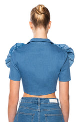 MYRA TEXTURED COLLARED DENIM TOP