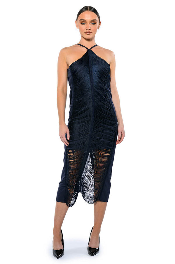 NADINE LOW BACK FRINGE MIDI DRESS