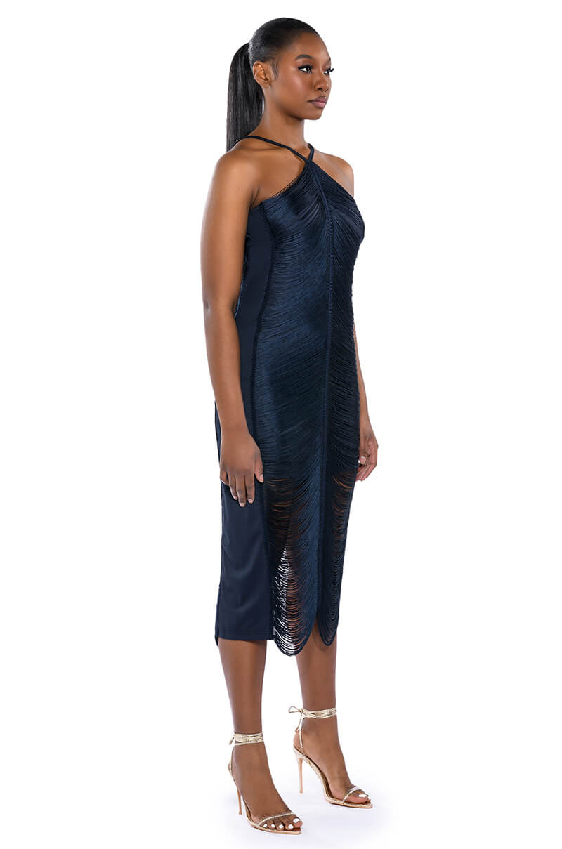 NADINE LOW BACK FRINGE MIDI DRESS