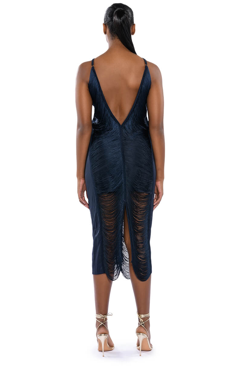 NADINE LOW BACK FRINGE MIDI DRESS