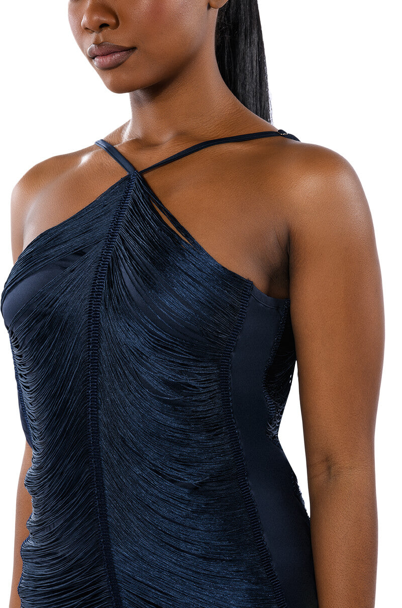 NADINE LOW BACK FRINGE MIDI DRESS
