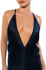 NADINE LOW BACK FRINGE MIDI DRESS