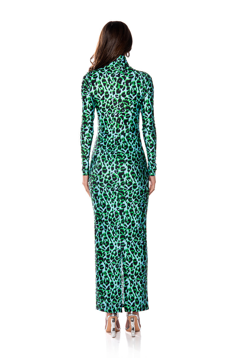 NALA ANIMAL PRINT LONG SLEEVE BODYCON MAXI DRESS