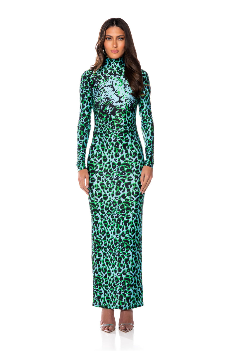 NALA ANIMAL PRINT LONG SLEEVE BODYCON MAXI DRESS