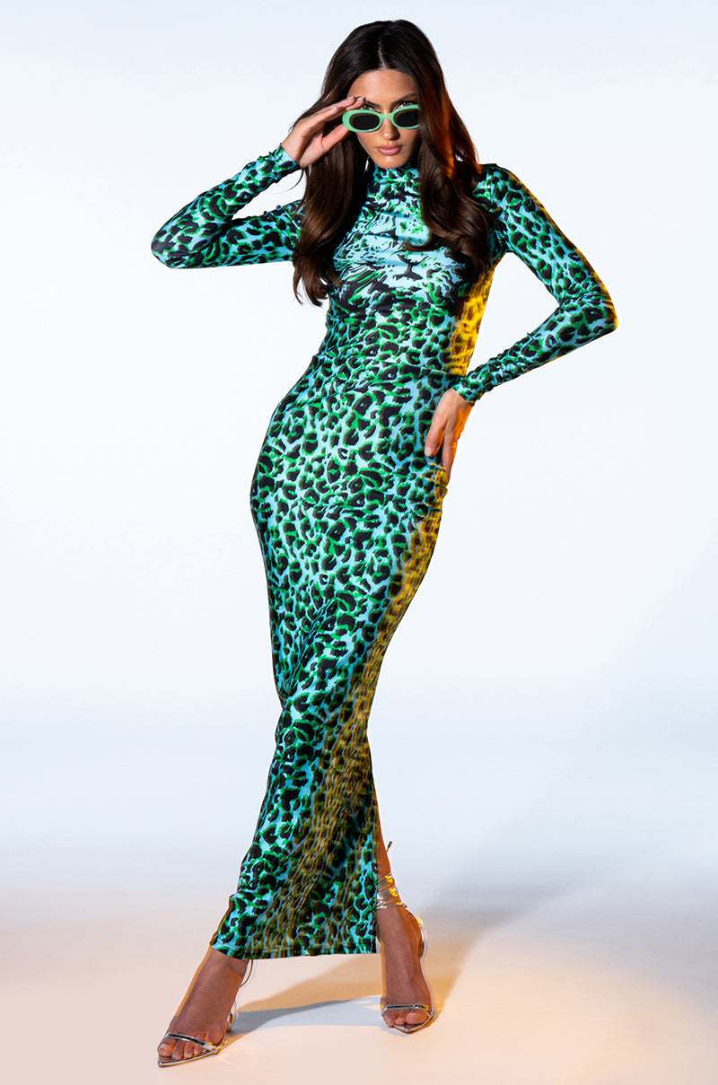 NALA ANIMAL PRINT LONG SLEEVE BODYCON MAXI DRESS