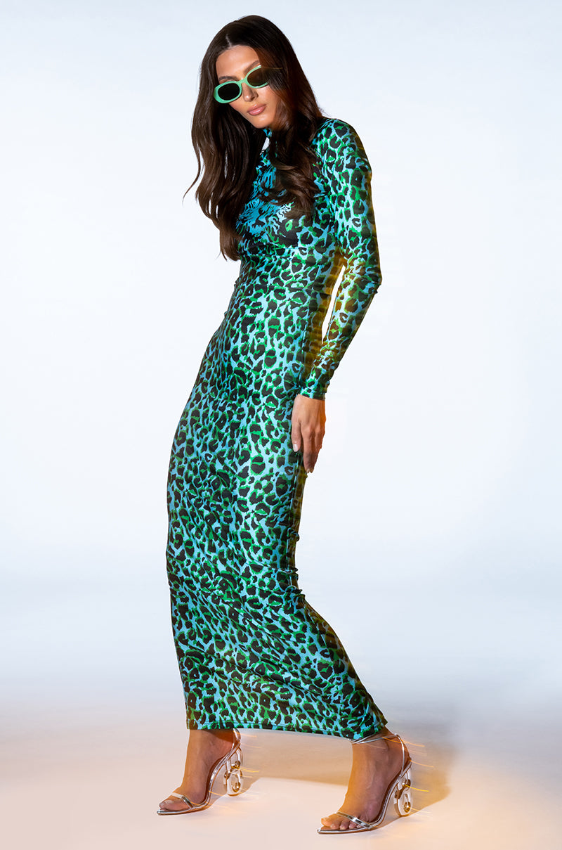 NALA ANIMAL PRINT LONG SLEEVE BODYCON MAXI DRESS