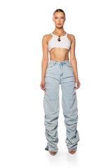 NEVER CHANGE RUCHED RELAXED FIT JEANS IN LIGHT BLUE DENIM