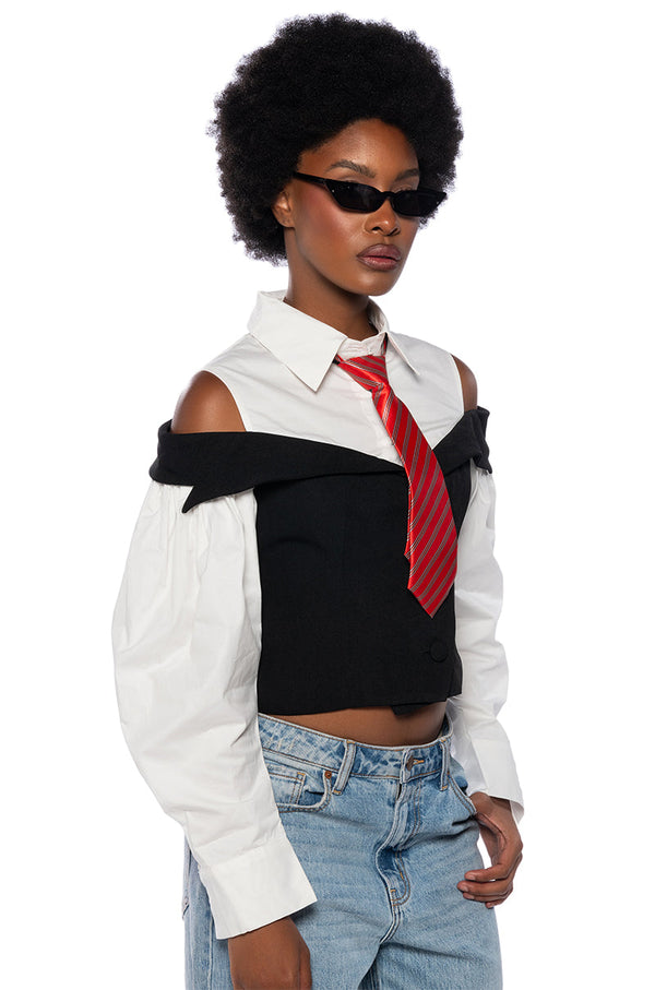 NEVER MISS A BEAT TIE DETAIL POPLIN TOP