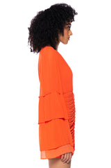 NEVER SETTLE DEEP V RUCHED LONG SLEEVE MINI DRESS