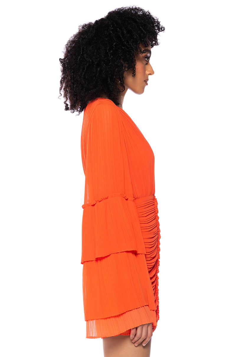 NEVER SETTLE DEEP V RUCHED LONG SLEEVE MINI DRESS