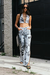 DRIPPING IN DIAMONDS DENIM PLUNGE CROP TOP