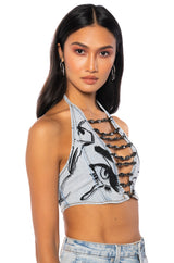 DRIPPING IN DIAMONDS DENIM PLUNGE CROP TOP
