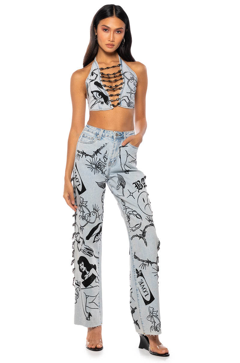 DRIPPING IN DIAMONDS DENIM PLUNGE CROP TOP