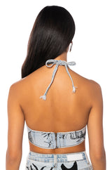DRIPPING IN DIAMONDS DENIM PLUNGE CROP TOP