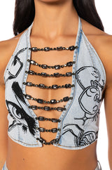 DRIPPING IN DIAMONDS DENIM PLUNGE CROP TOP