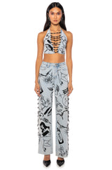 DRIPPING IN DIAMONDS DENIM PLUNGE CROP TOP