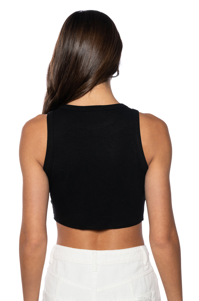 NIA CHAIN EMBELLISHED RIBBED CROPPED TANK IN BLACK