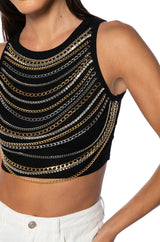 NIA CHAIN EMBELLISHED RIBBED CROPPED TANK IN BLACK