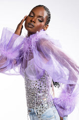 NICE TO MEET YOU FEATHER TRIM LONG SLEEVE ORGANZA BLOUSE