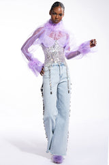 NICE TO MEET YOU FEATHER TRIM LONG SLEEVE ORGANZA BLOUSE