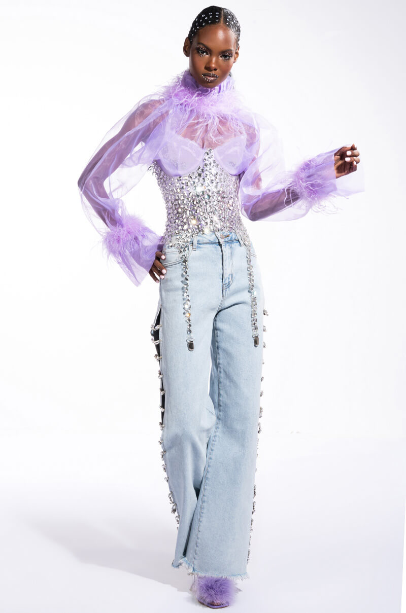 NICE TO MEET YOU FEATHER TRIM LONG SLEEVE ORGANZA BLOUSE