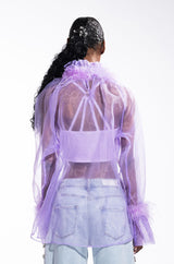 NICE TO MEET YOU FEATHER TRIM LONG SLEEVE ORGANZA BLOUSE