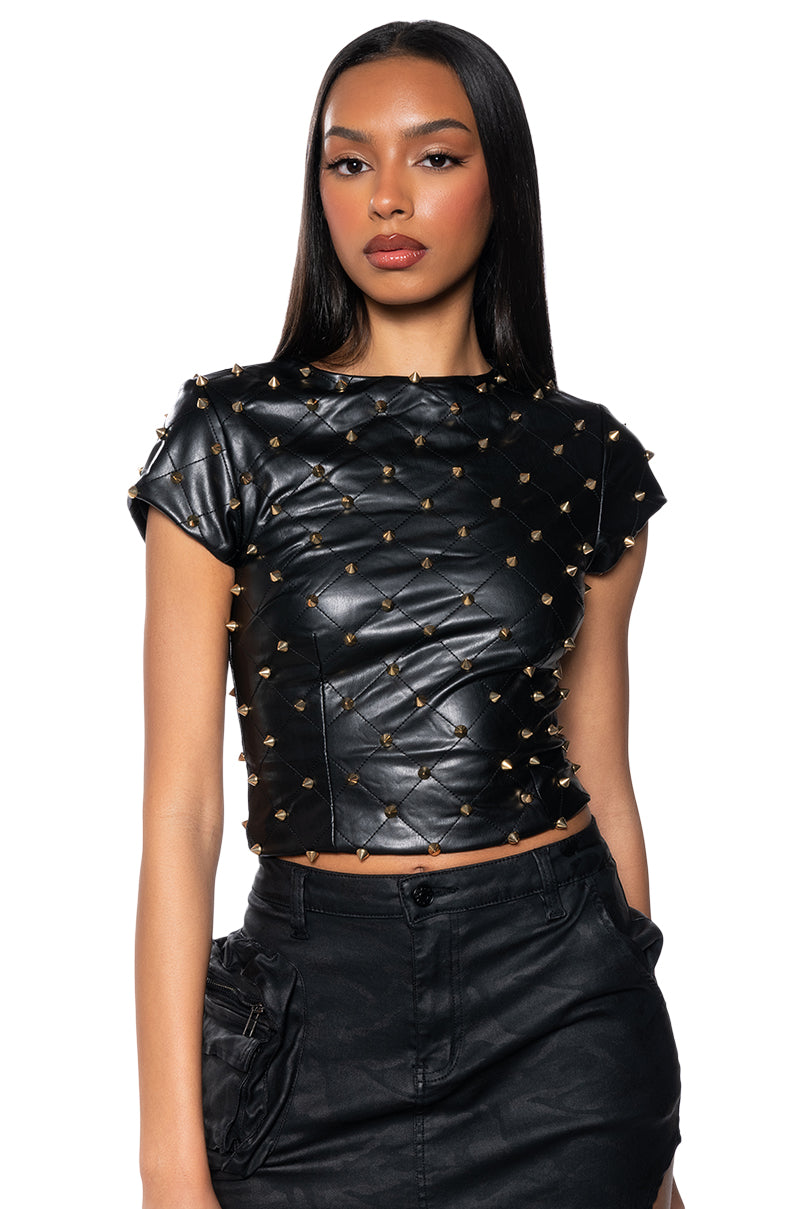 NICO FAUX LEATHER SPIKE DETAILED SHORT SLEEVE TOP
