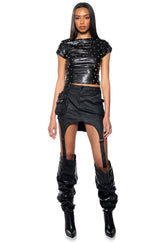 NICO FAUX LEATHER SPIKE DETAILED SHORT SLEEVE TOP
