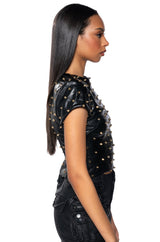 NICO FAUX LEATHER SPIKE DETAILED SHORT SLEEVE TOP