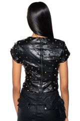NICO FAUX LEATHER SPIKE DETAILED SHORT SLEEVE TOP