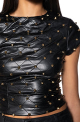 NICO FAUX LEATHER SPIKE DETAILED SHORT SLEEVE TOP