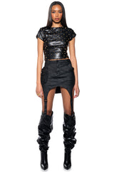 NICO FAUX LEATHER SPIKE DETAILED SHORT SLEEVE TOP