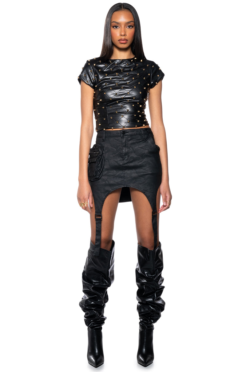 NICO FAUX LEATHER SPIKE DETAILED SHORT SLEEVE TOP