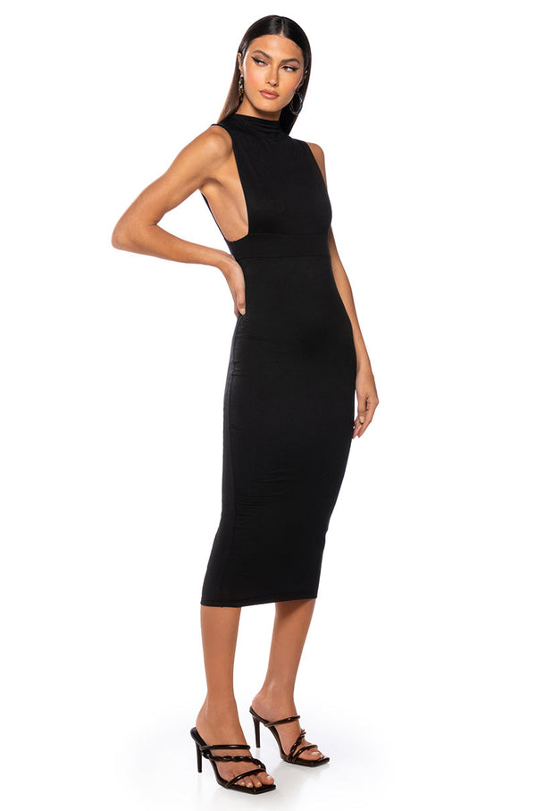 NICOLETTE SLEEVELESS MOCK NECK MIDI DRESS IN BLACK