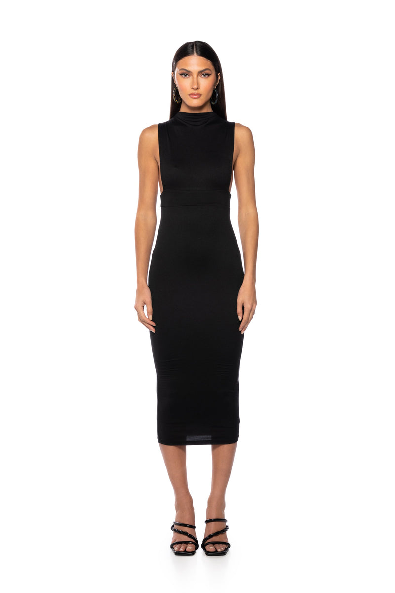 NICOLETTE SLEEVELESS MOCK NECK MIDI DRESS IN BLACK