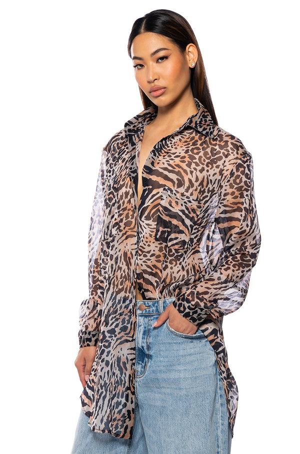 NIKKI ALMOST SHEER BUTTON DOWN TOP