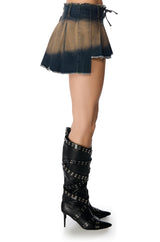 NO HARD FEELINGS ASYMMETRICAL DENIM MINI SKIRT