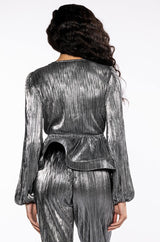 NOEL TIE PLEATED TIE FRONT METALLIC BLOUSE