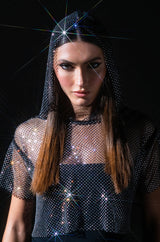 NORTH STAR RHINESTONE MESH HOODED CROP TOP
