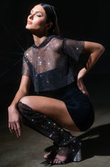 NORTH STAR RHINESTONE MESH HOODED CROP TOP