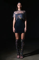 NORTH STAR RHINESTONE MESH HOODED CROP TOP