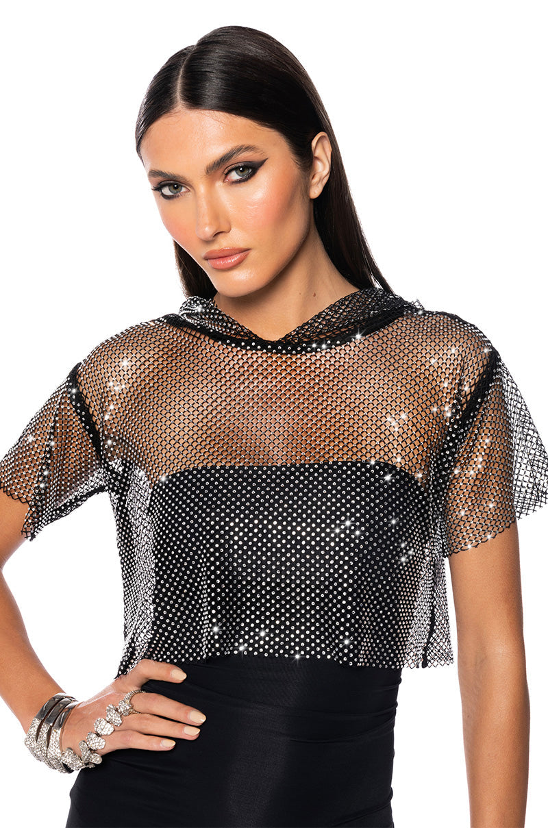 NORTH STAR RHINESTONE MESH HOODED CROP TOP